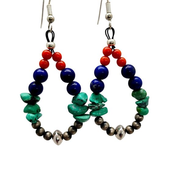 Multi-stone Sterling Silver Navajo Pearl Bead Teardrop Hoop Dangle Earrings - Picture 1 of 3